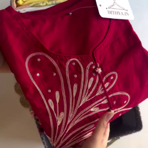 Red Cotton Embroidered Kurti