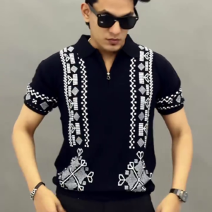 Black Embroidered Zip Polo T-Shirt