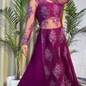 Elegant Wine Purple Embroidered Party Wear Gown – Stylish Ethnic Fusion Outfit