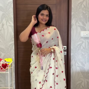 White Heart Print Designer Saree