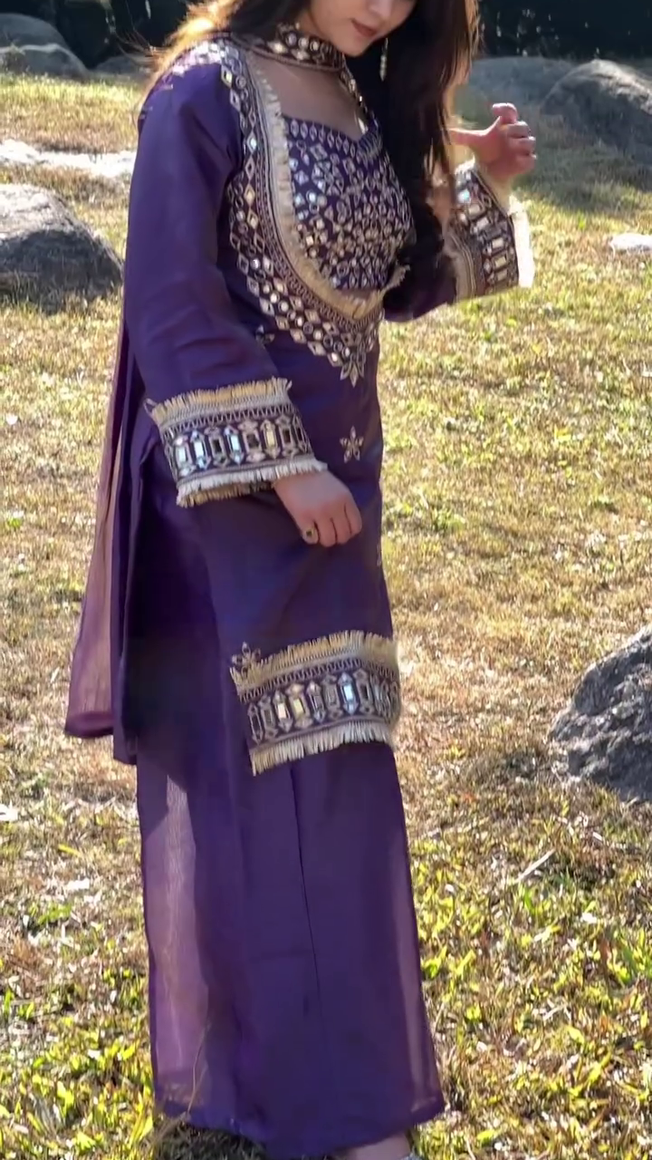 Glamorous Purple Embroidered Festive Suit - Image 3