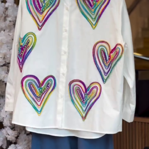 Trendy White Shirt with Colorful Heart Embroidery