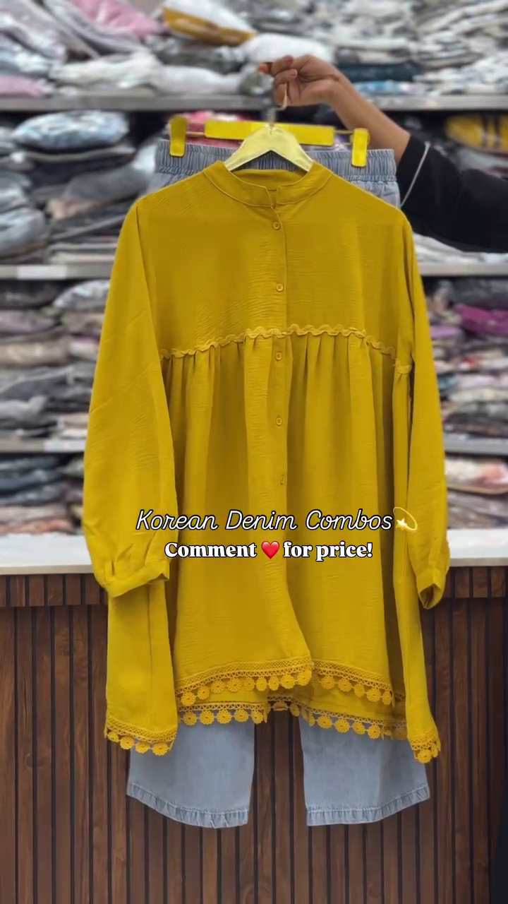 Trendy Mustard Korean Top with Denim – Modern Casual Style - Image 3