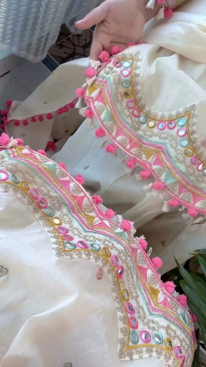 Graceful White Suit Set – Soft Elegance with Pink Tassel Charm - Image 2