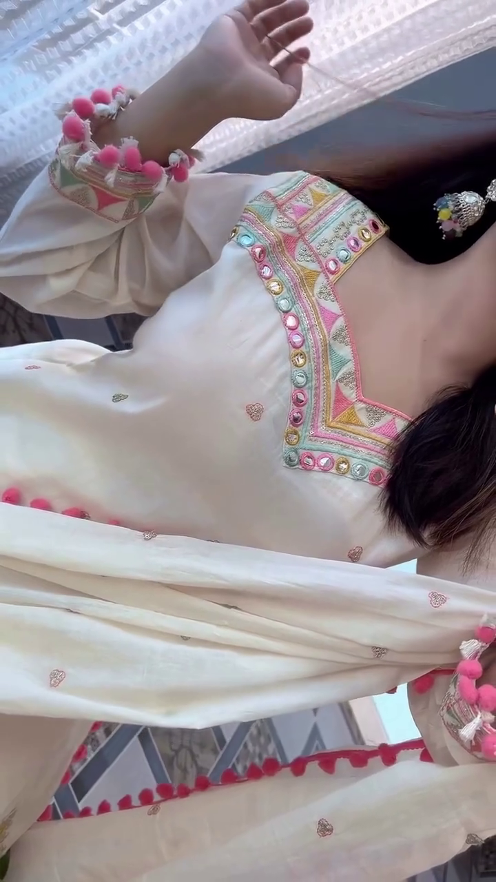 Graceful White Suit Set – Soft Elegance with Pink Tassel Charm - Image 3