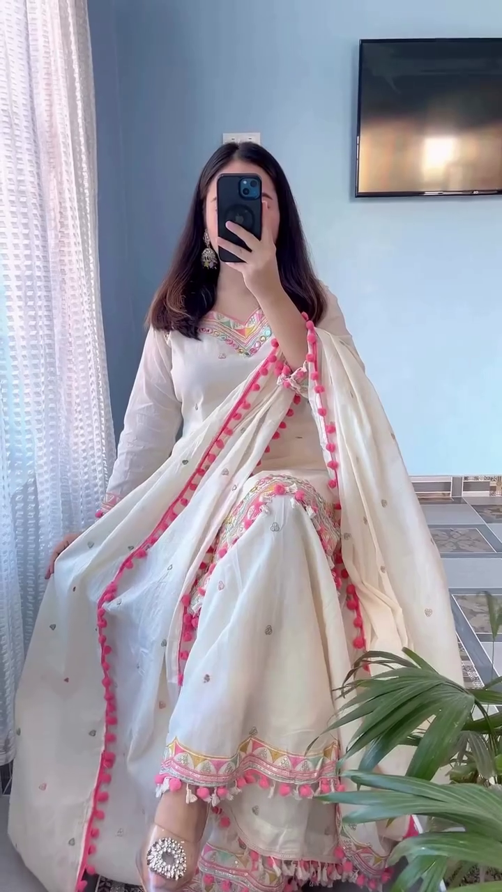 Graceful White Suit Set – Soft Elegance with Pink Tassel Charm - Image 4