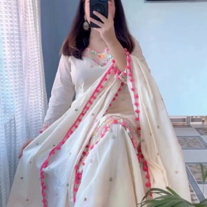 Graceful White Suit Set – Soft Elegance with Pink Tassel Charm