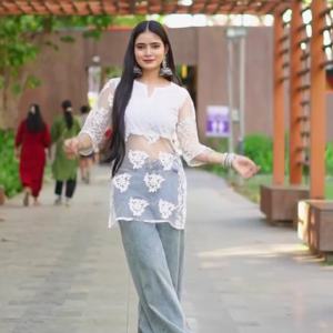 🤍 Indo-Western Chic – Lace Top with Wide Jeans