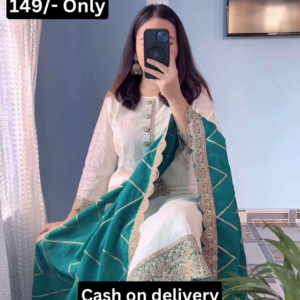 Elegant White Suit with Emerald Dupatta